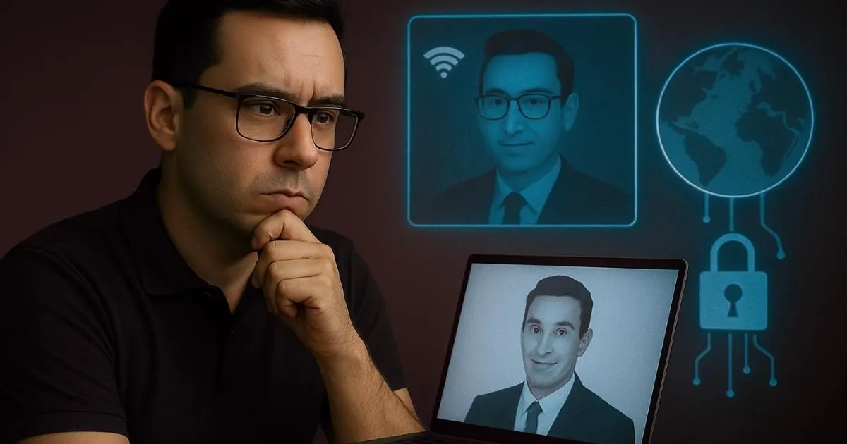 A video call screen showing an AI-generated deepfake face, illustrating the technology behind modern fraud.