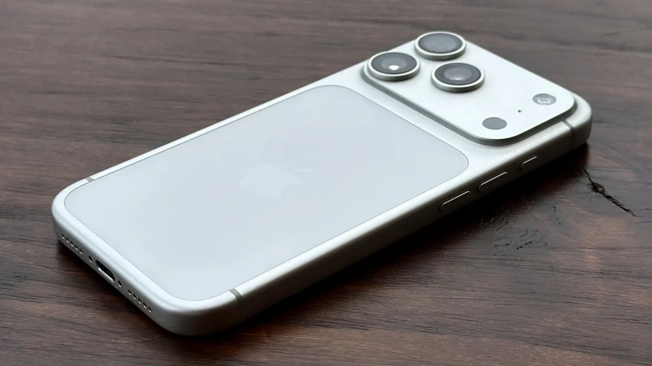 Studio product shot of an iPhone Pro in a titanium finish at a three-quarter angle, showing the refined design the iPhone 18 Pro is expected to carry over