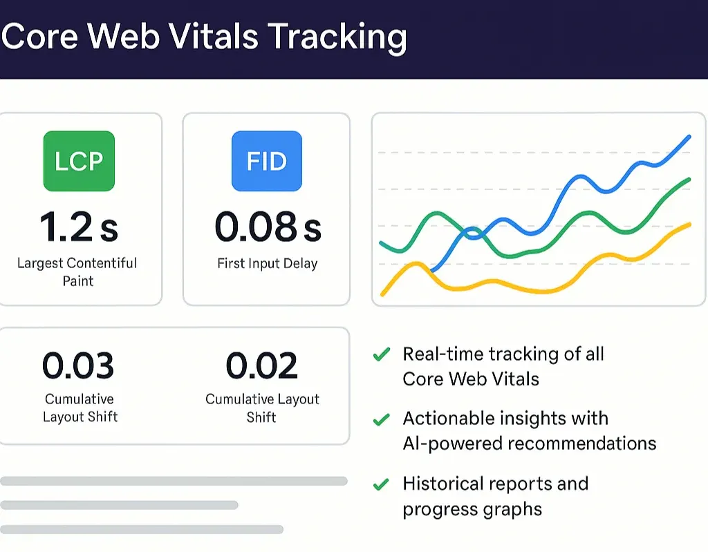 A performance dashboard showing before-and-after Core Web Vitals metrics for a web application.