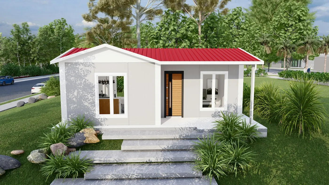 A small modular industrial building exterior in a rural area
