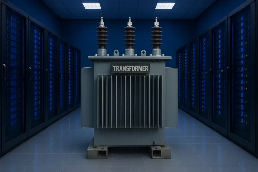large electrical transformer substation supplying power to a data center facility