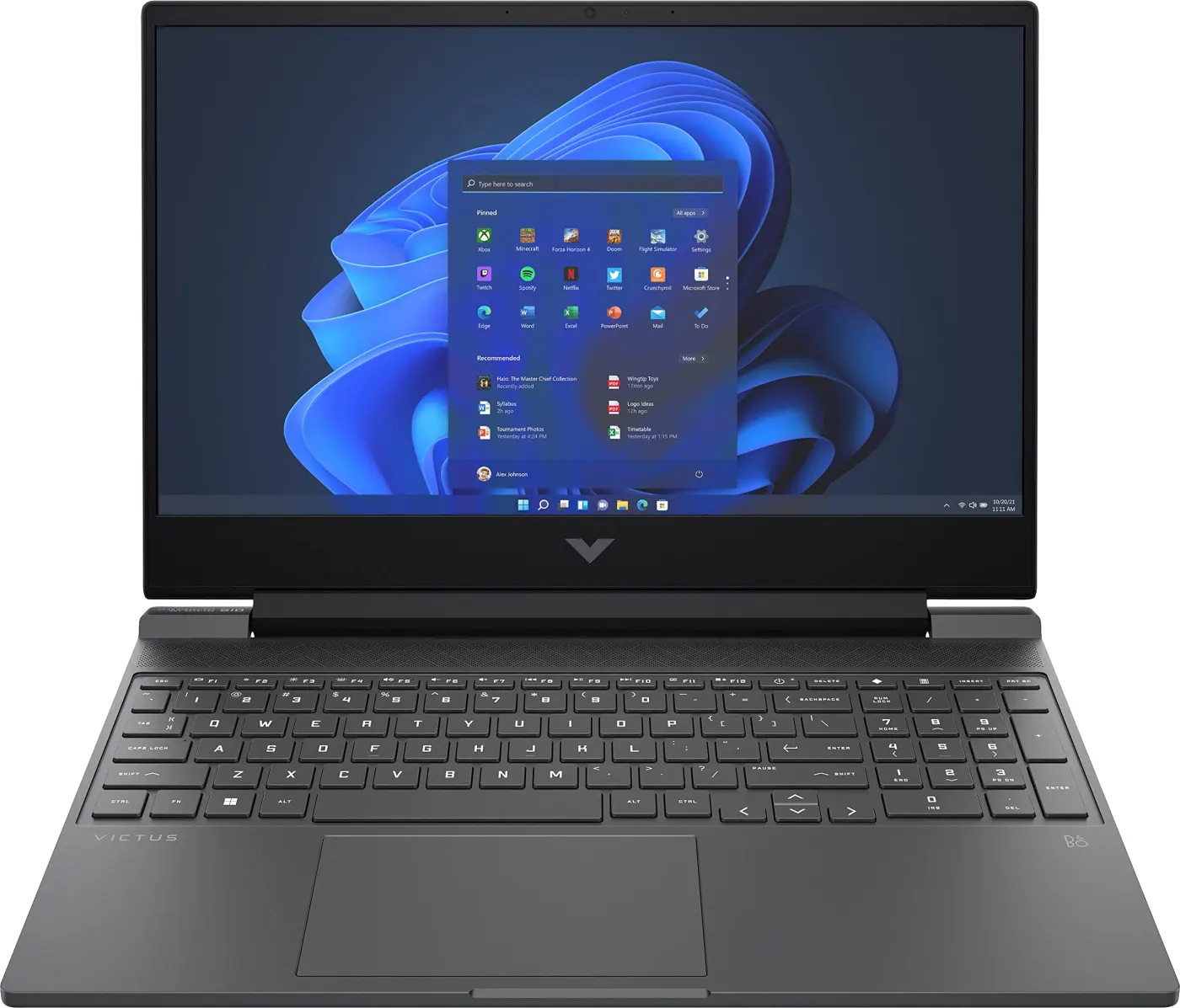 HP Victus 15.6 budget gaming laptop with its 144Hz display turned on