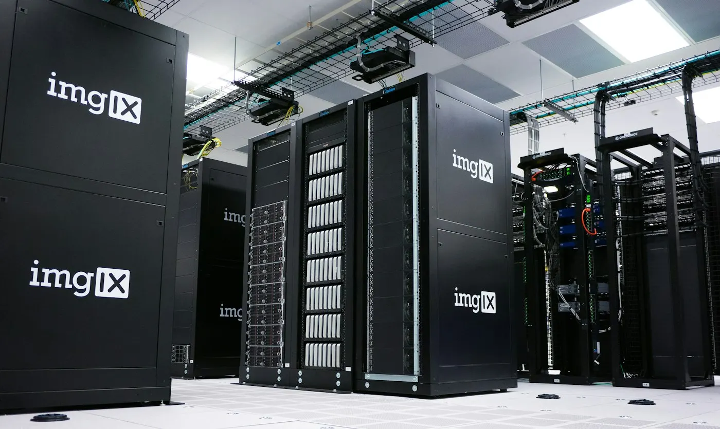 Rows of server racks in a data center