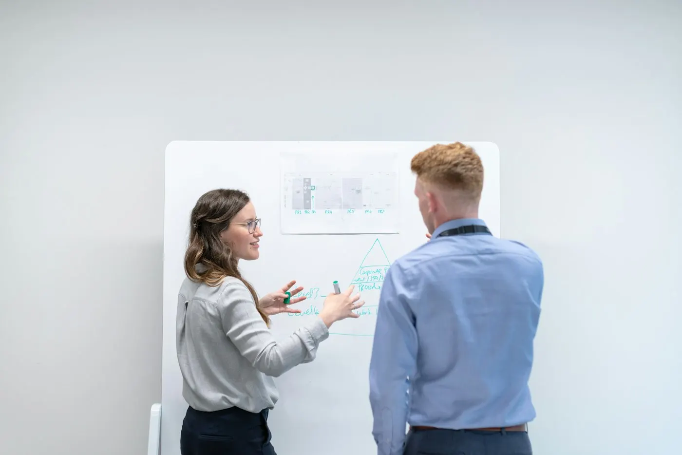 Coworkers collaborating around a whiteboard in an office