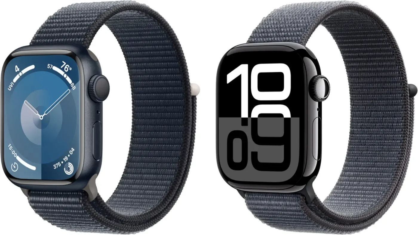Two Apple Watches side by side showing health metrics and Smart Stack widgets