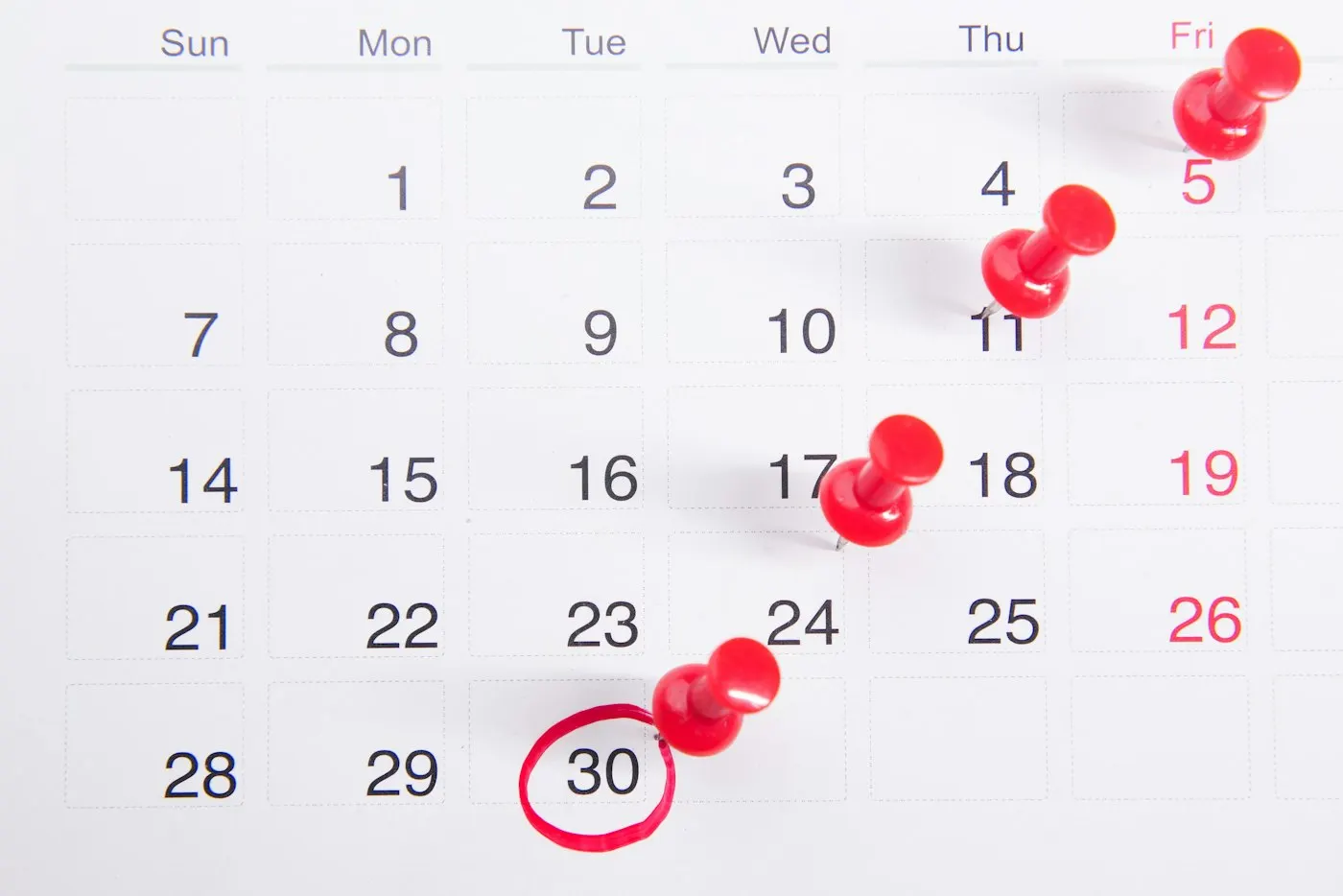 A calendar page with several dates circled