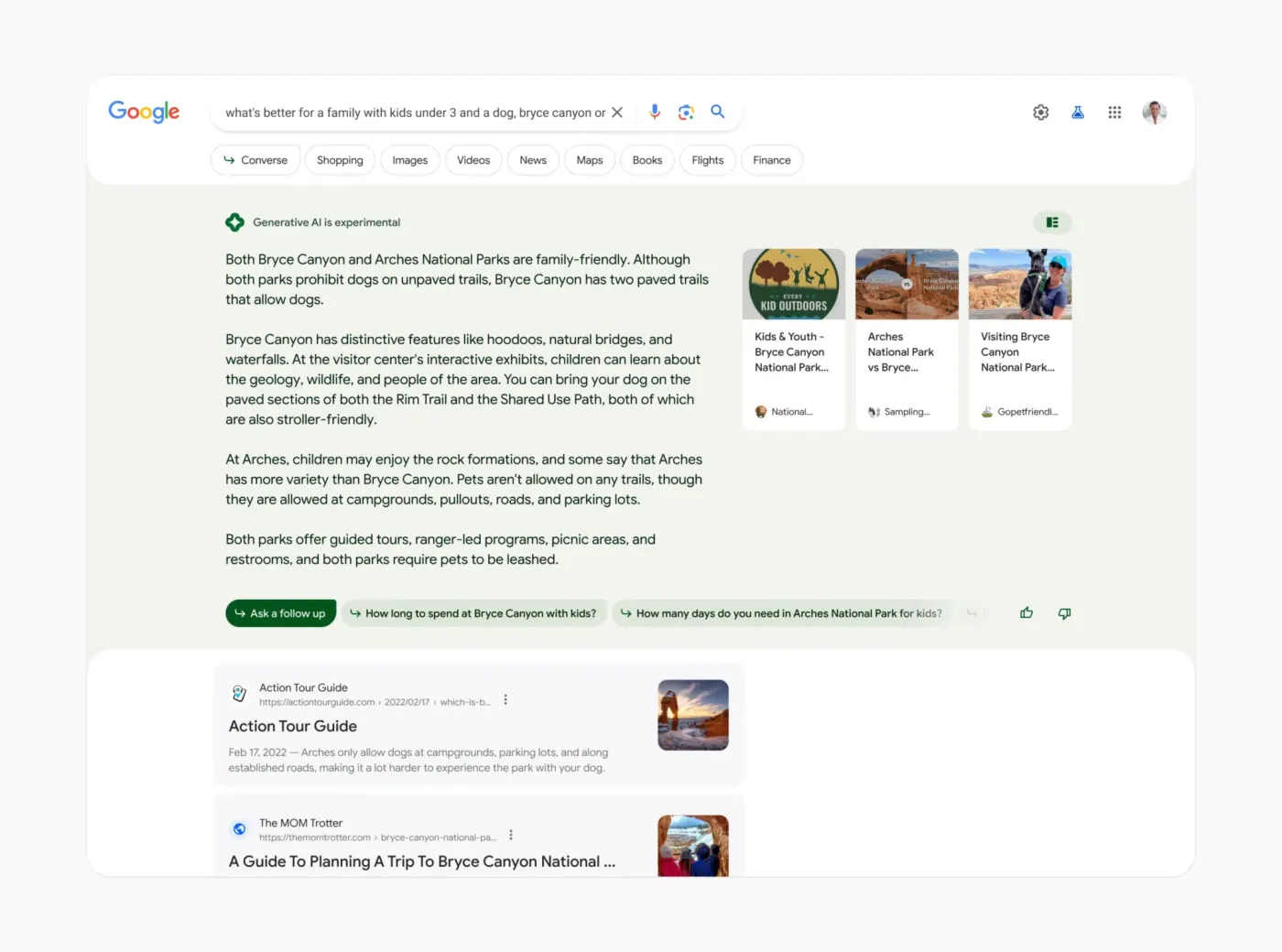 A Google search results page showing an AI Overview box at the top, with traditional organic results pushed below.