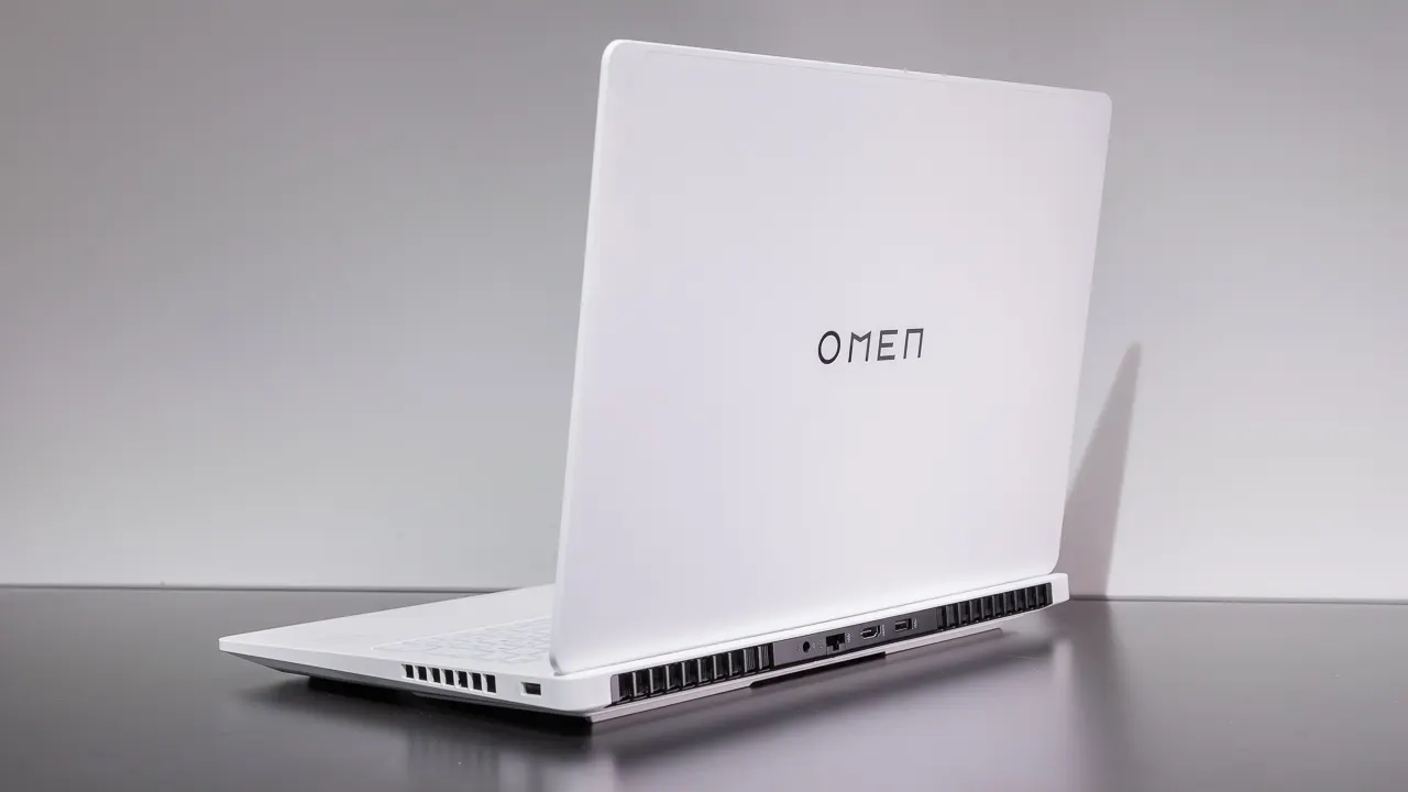 HP Omen Max 16 gaming laptop shown open from a three-quarter angle