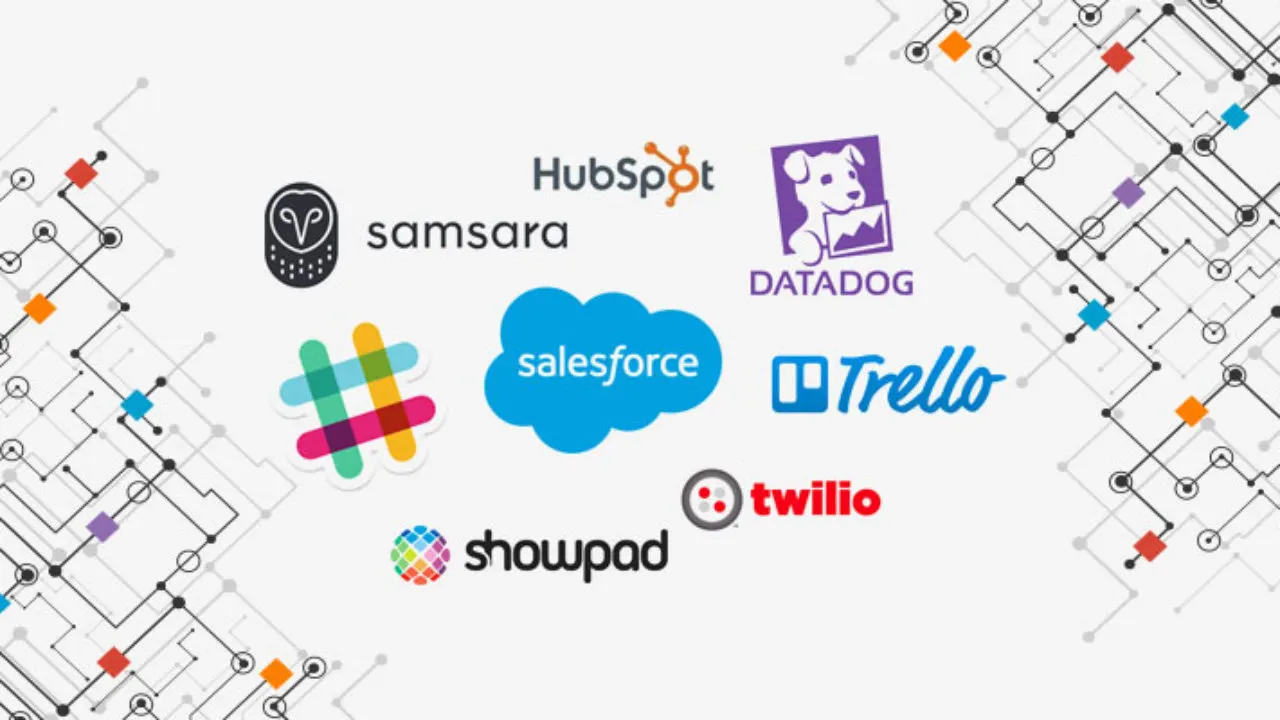 Wall of SaaS software logos fragmenting as AI agent connections replace traditional subscription software workflows