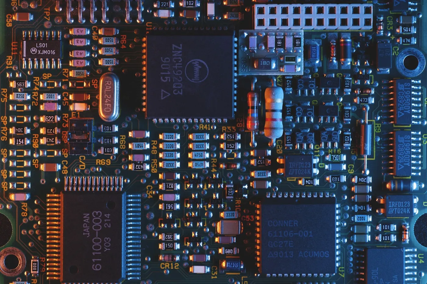 Close-up of a circuit board with glowing traces