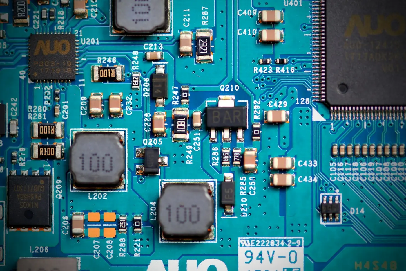Macro shot of a computer motherboard circuitry