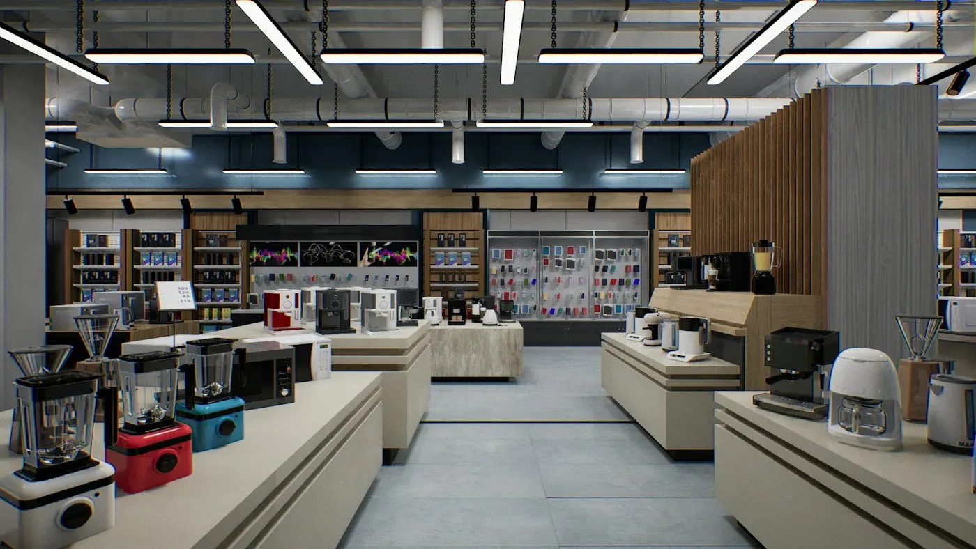Shelves of laptops and electronics in a retail store