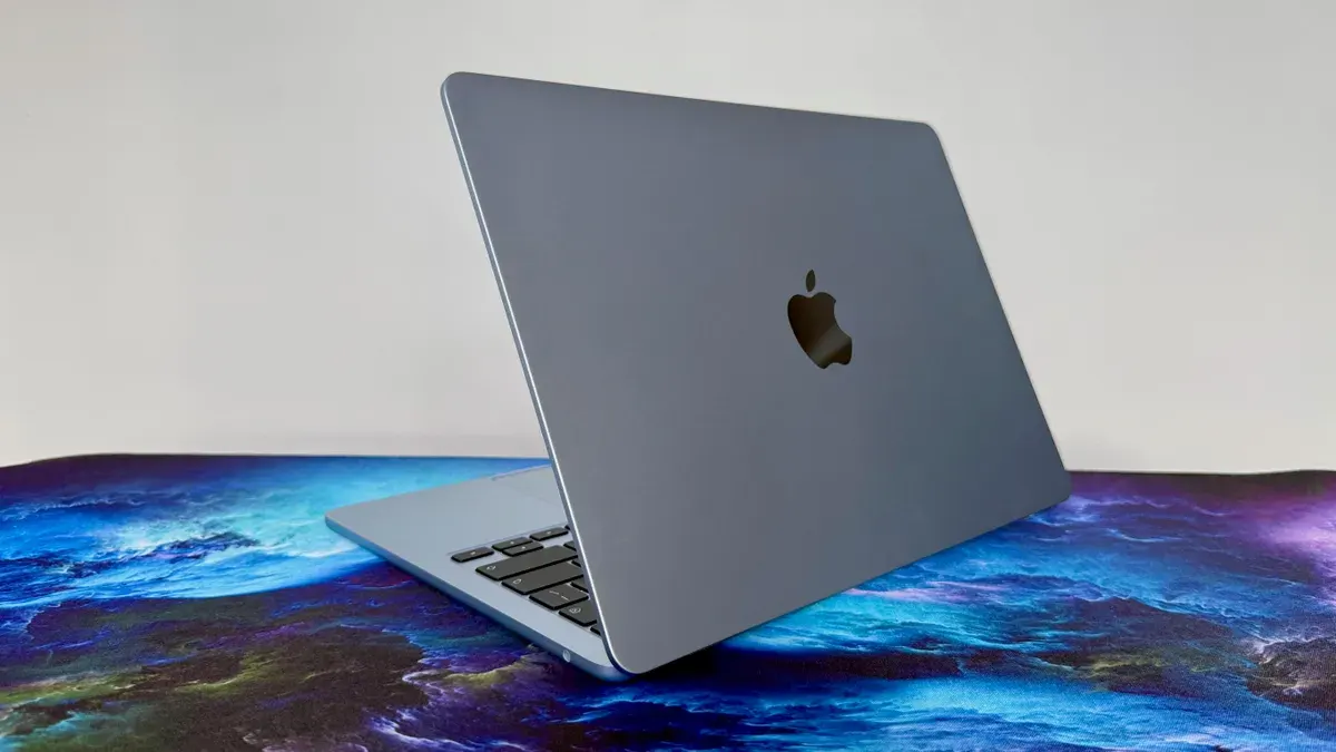 M5 MacBook Air (2026) in sky blue, open on a desk
