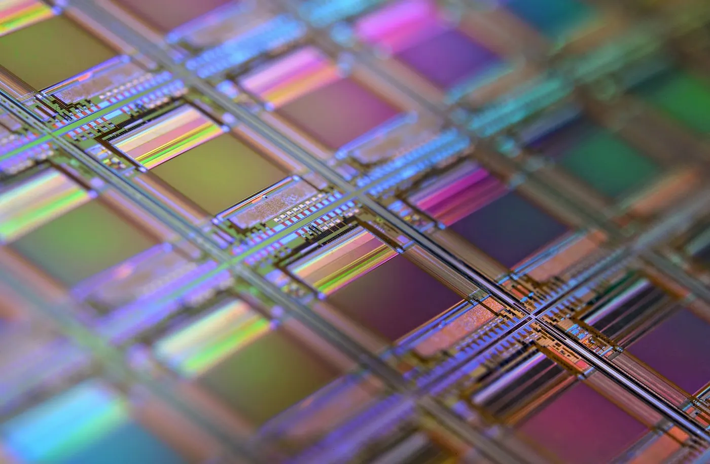 Macro shot of a glowing computer microchip