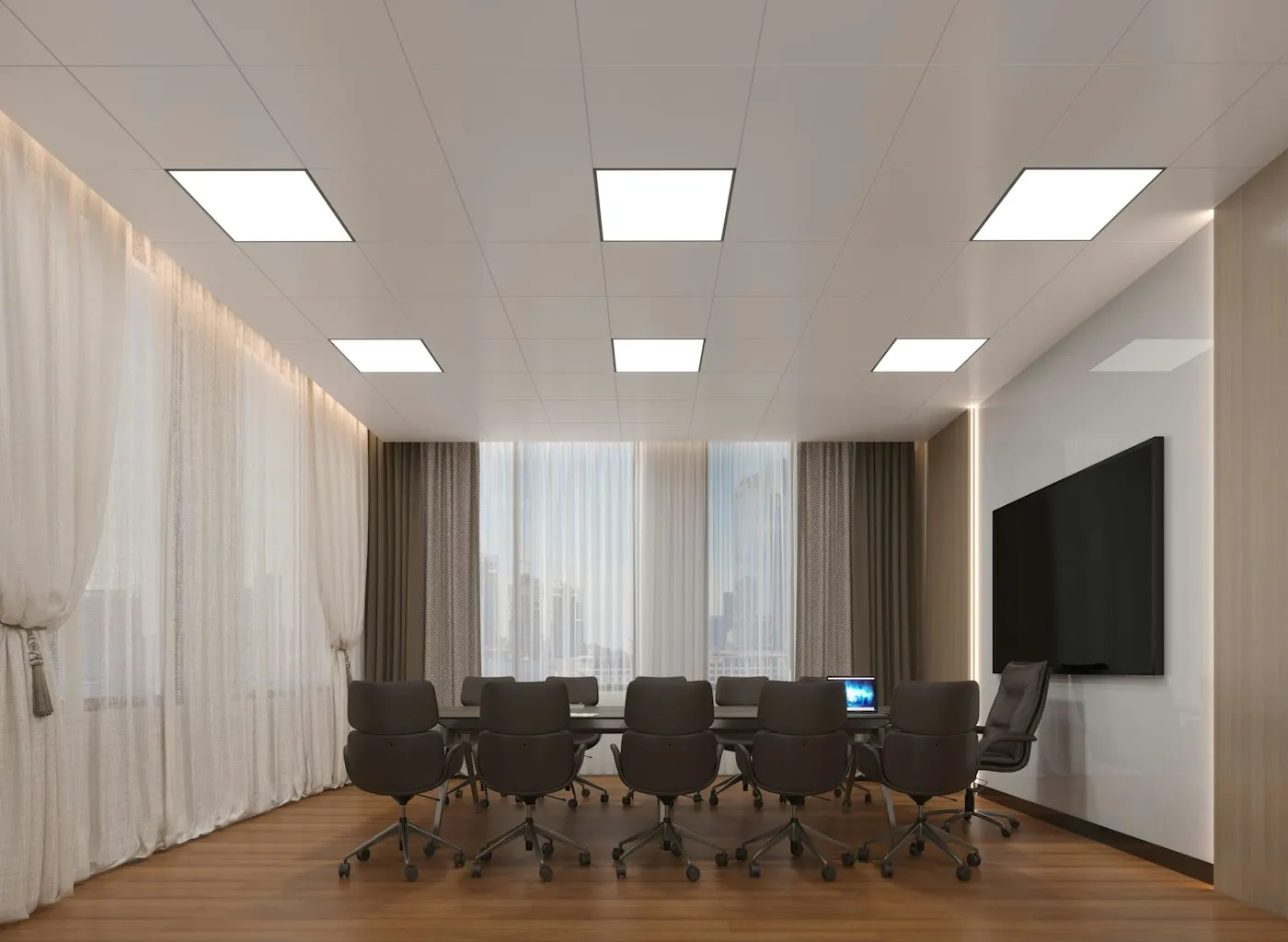 An empty glass-walled corporate boardroom