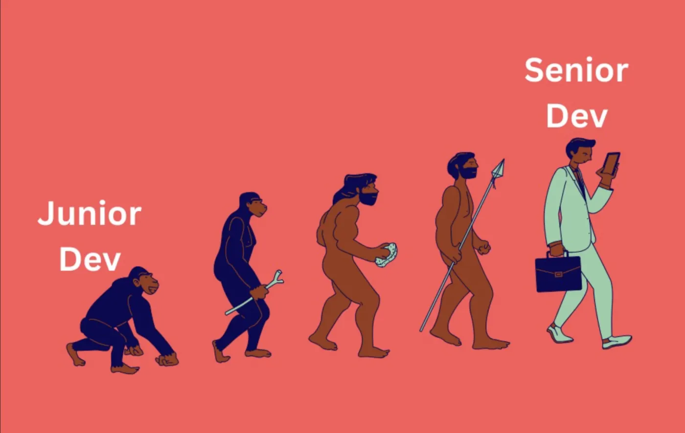Funnel diagram illustrating the developer career pipeline from junior to senior level, with the entry-level opening severed to represent the talent pipeline crisis caused by eliminating junior developer roles