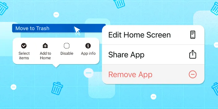 A smartphone home screen showing an app being deleted via a drag gesture.