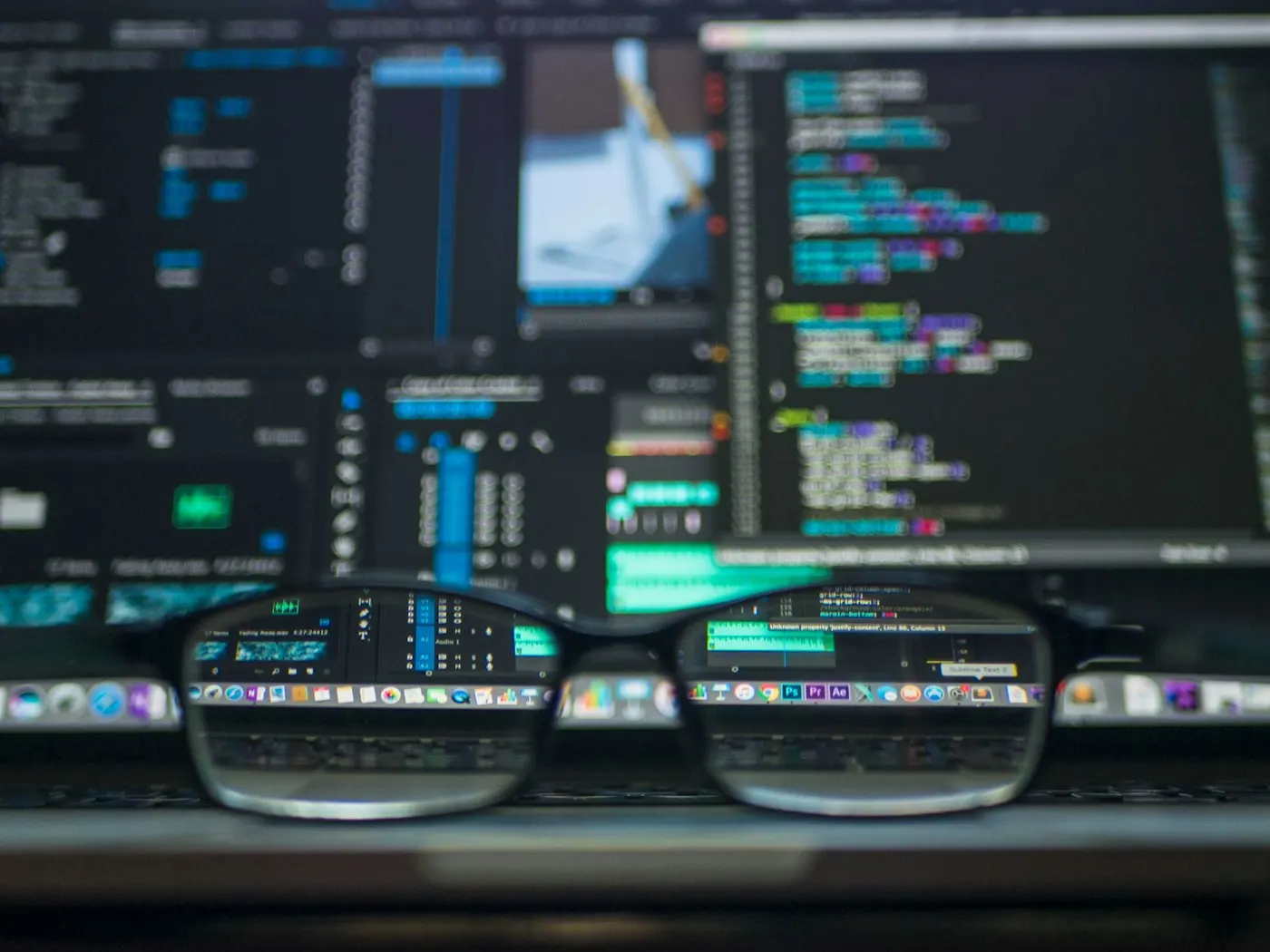 Security analyst viewing multiple monitors with code
