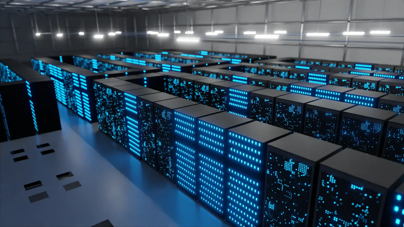 Large AI data center campus with power substation and cooling infrastructure in the foreground.
