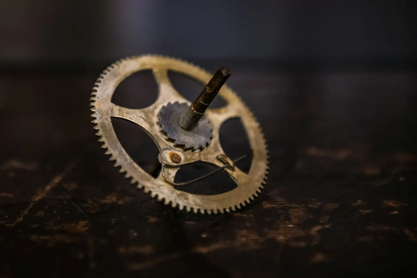 Macro photo of interlocking metal clock gears
