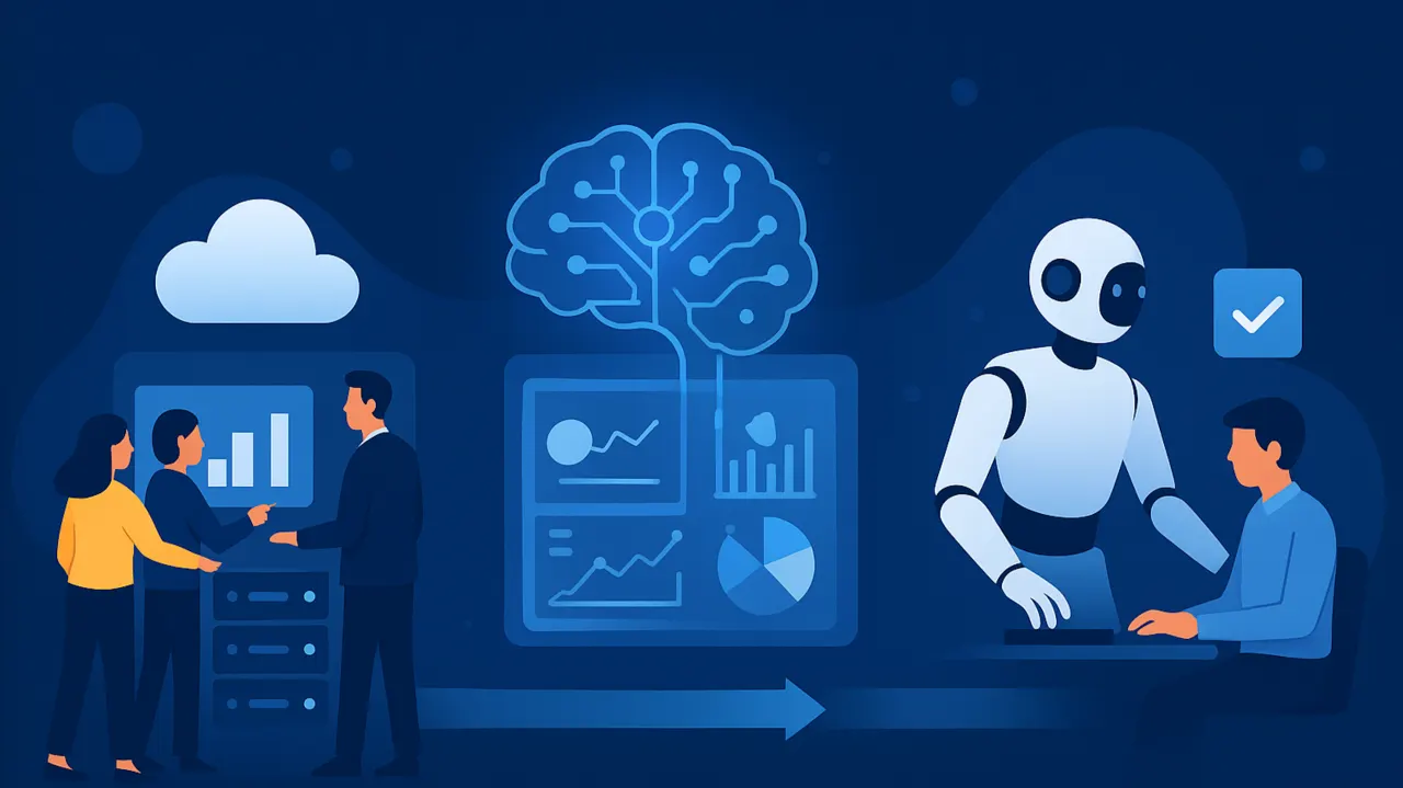 Infographic comparing five-seat traditional SaaS model versus single AI agent producing equivalent output at lower cost