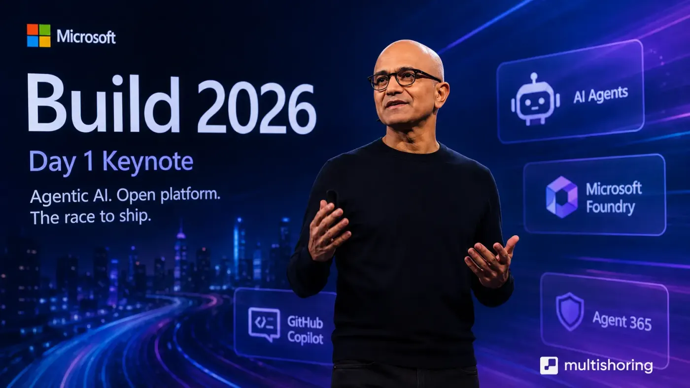 Microsoft Build 2026 keynote stage in San Francisco where Satya Nadella announced the shift from AI that assists to AI that acts on your behalf”