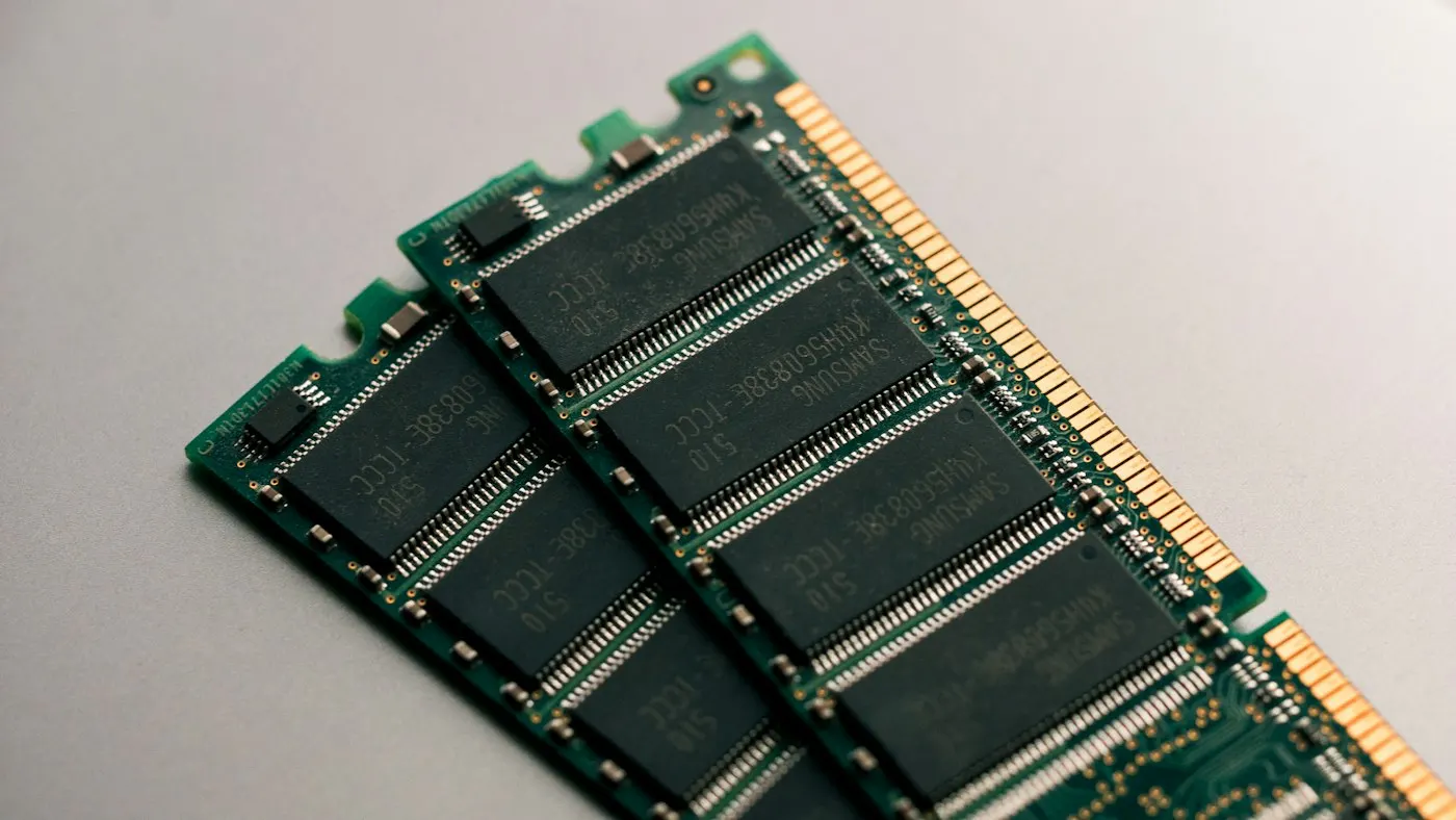 Close-up of computer memory chips on a circuit board