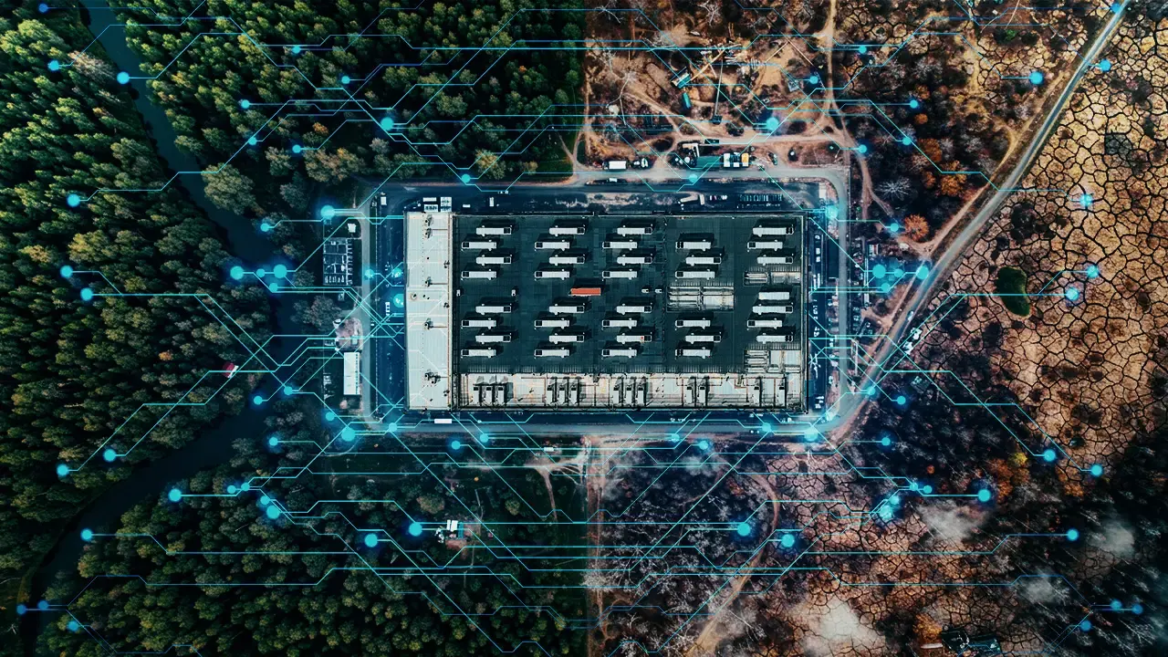 An aerial view of a large AI data center campus under construction with cranes and structural framework.