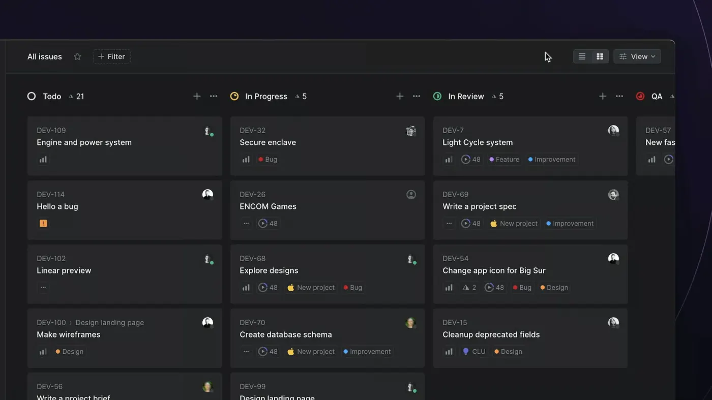 Screenshot of Linear's issue tracker showing a Kanban board with tasks organised by status
