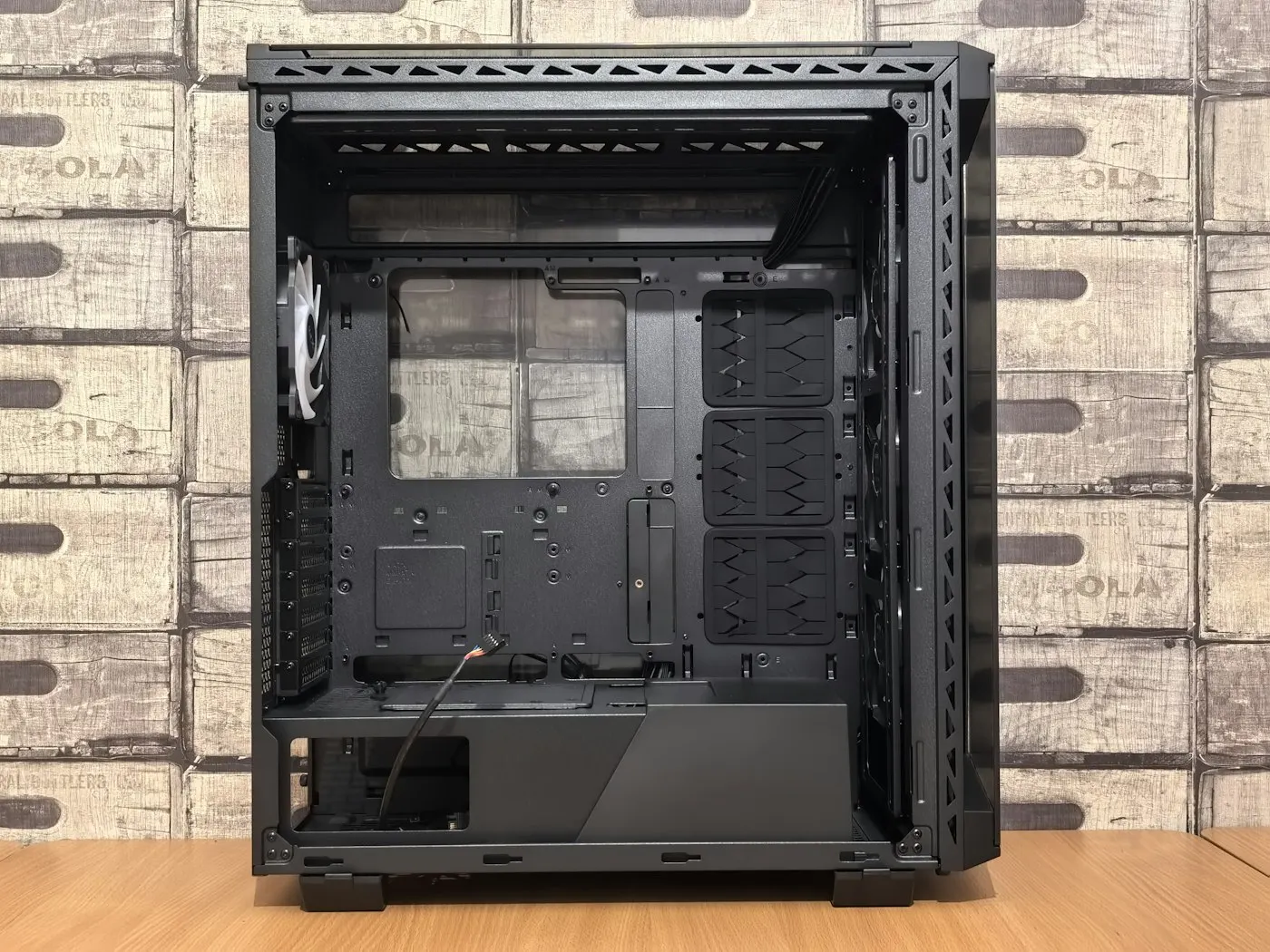 Interior of a gaming PC tower with a large graphics card installed