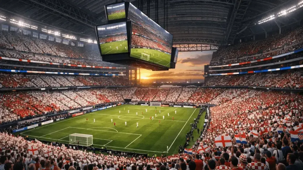 A football stadium at night with a smartphone showing Google Search live World Cup scores and Gemini AI features.