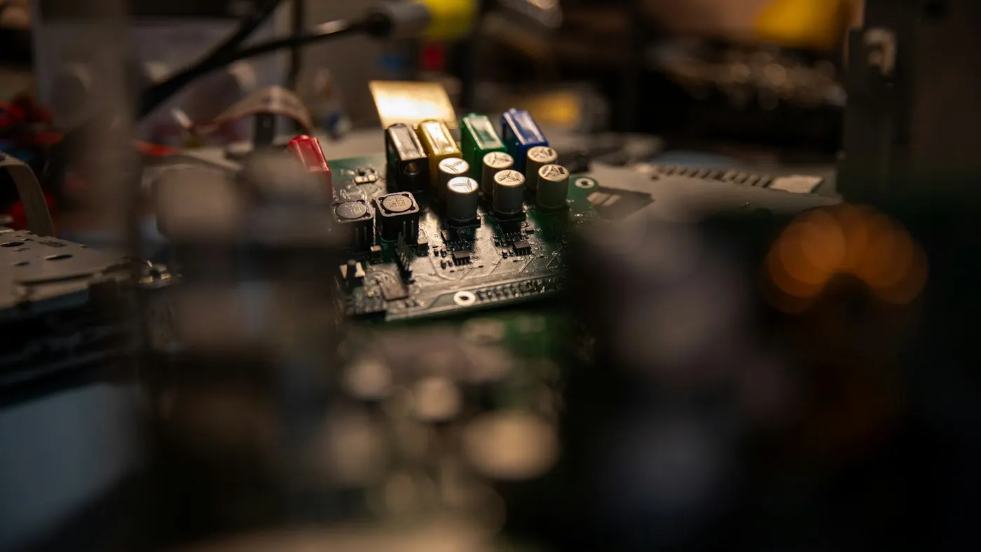 Electronic components moving along a factory assembly line